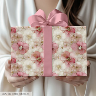 Etherele roze en gouden bloemenverjaardagsverpakki cadeaupapier