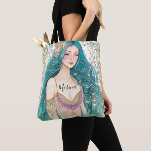Etherele Teal Gouden Zeemeermin Prinses Bloemrijke Tote Bag