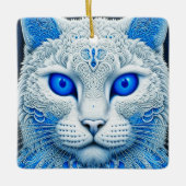 Etherele Witte Kat met Blauwe Ogen Kerstmis Keramisch Ornament (Voorkant)