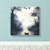 Etherisch bosmeer 's nachts - Mystieke bootmaan Canvas Afdruk (Insitu (Houten vloer))