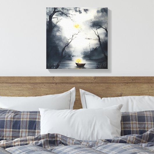 Etherisch bosmeer 's nachts - Mystieke bootmaan Canvas Afdruk (Insitu (Slaapkamer))