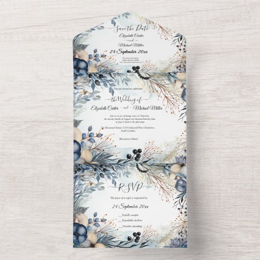 etherisch gevoelig Waterverf sereen gebladerte All In One Uitnodiging (Binnen)