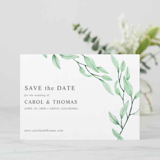 Etherisch groen | chique botanische save de datum kaart (Staand voorkant)