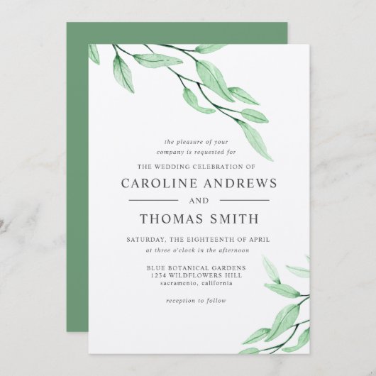 Etherisch Groen | Elegante Botanische Bladeren bru Kaart (Voorkant / Achterkant)