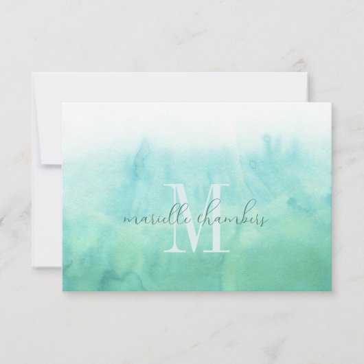 Etherisch groen Waterverf monogram Notitiekaartje (Voorkant)