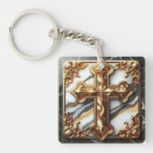 Etherisch kruis gesneden in wit marmer sleutelhanger (Voorkant)