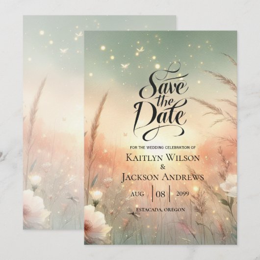 Etherisch Pastelkleurig Veldbloemenveld Bruiloft Save The Date (Voorkant / Achterkant)