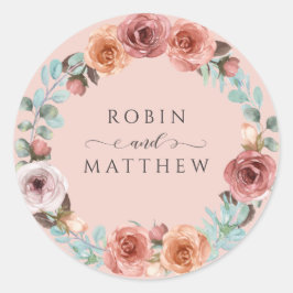 Etherisch Roos Goud, Blush Peach Bloemenbruiloft Ronde Sticker