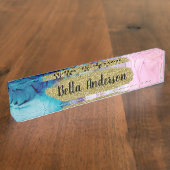 Etherisch Teal Roze Elegant Inkt Modern Glam Trend Naambordje (Zijkant)
