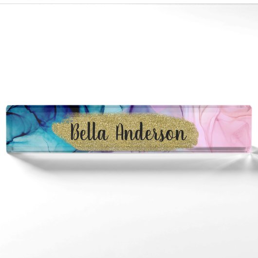 Etherisch Teal Roze Elegant Inkt Modern Glam Trend Naambordje (Voorkant)