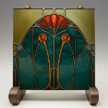 Etherische amberboog keramische Tegel Tegeltje<br><div class="desc">Verbeter uw huis met de Etherische Amber Arch Keramische Tegel, een prachtig Art Nouveau-geïnspireerd stuk gedrukt door Zazzle. Deze platte keramische tegel, verstoken van alle reliëfkenmerken, vangt de tijdloze schoonheid van glas-in-lood-kunstenaarschap. Met een prachtig ontwerp van amberkleurige bloemen tegen een diepe jade- en olijfachtergrond, de ingewikkelde patronen en vloeiende lijnen...</div>