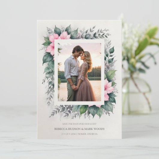 Etherische & betoverende botanische zachte bloemen save the date (Staand voorkant)