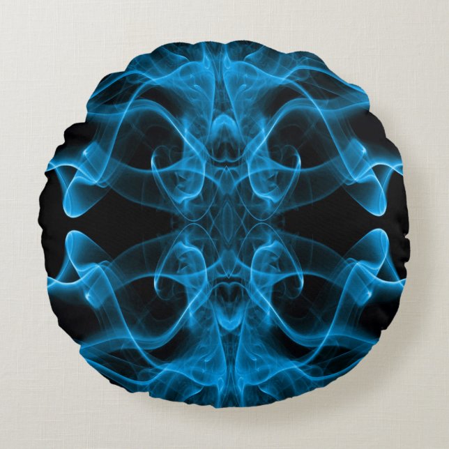 Etherische Blauwe Rook Abstracte Kunst Rond Kussen (Voorkant)