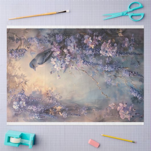 Etherische blauwe vogel en paarse wisteria tissuepapier (Craft)