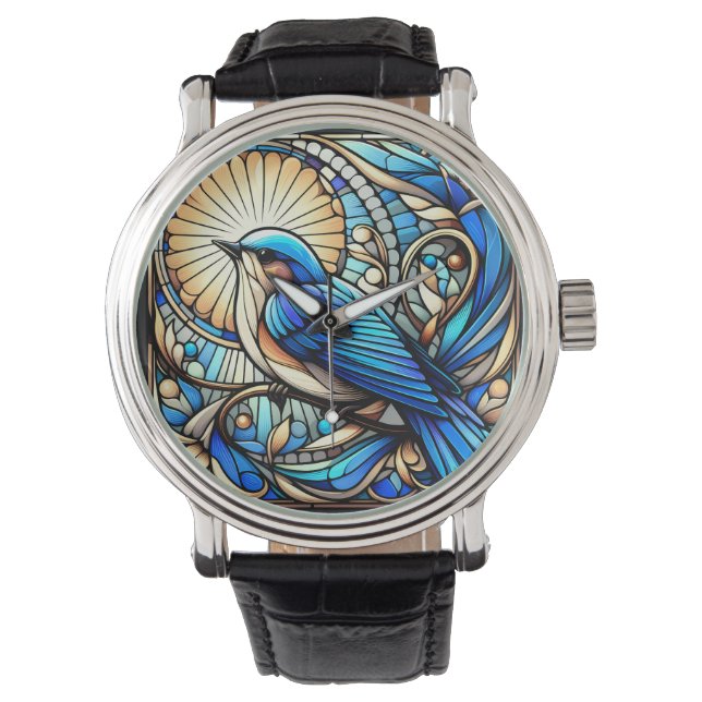 Etherische blauwe vogel neergestreken op raam horloge (Voorkant)