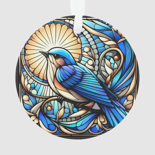 Etherische blauwe vogel neergestreken op raam ornament (achterkant)