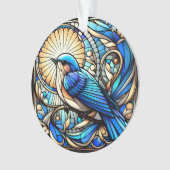 Etherische blauwe vogel neergestreken op raam ornament (voorkant)