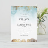 Etherische Blauwe Waterverf en Gouden Huwelijk Kaart (Staand voorkant)