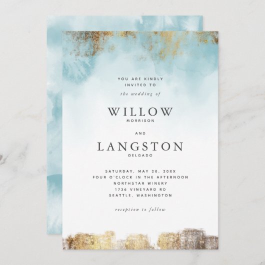 Etherische Blauwe Waterverf en Gouden Huwelijk Kaart (Voorkant / Achterkant)