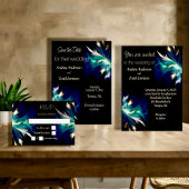 Etherische blauwgroen blauw zwart gouden veren bru RSVP kaartje