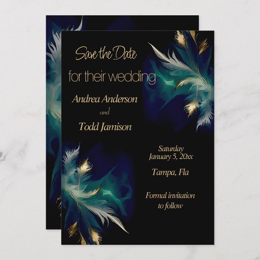 Etherische blauwgroen blauw zwart gouden veren bru save the date