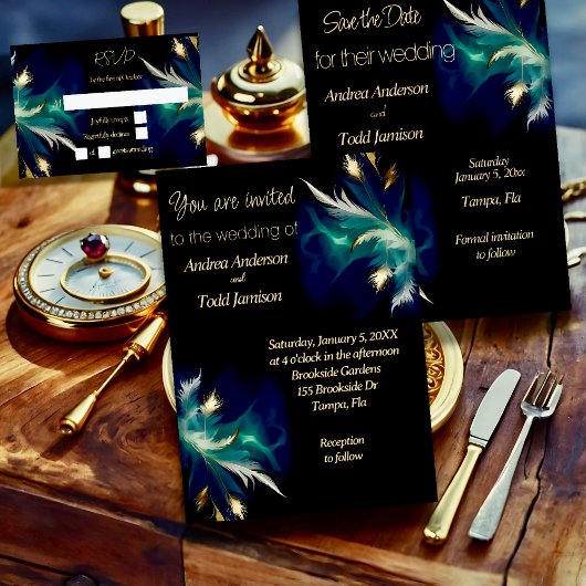 Etherische blauwgroen blauw zwart gouden veren bru save the date