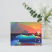 Etherische Blauwgroen golven, schip en roze zonson Briefkaart (Staand voorkant)
