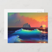 Etherische Blauwgroen golven, schip en roze zonson Briefkaart (Voorkant / Achterkant)