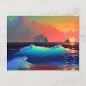 Etherische Blauwgroen golven, schip en roze zonson Briefkaart (Voorkant)