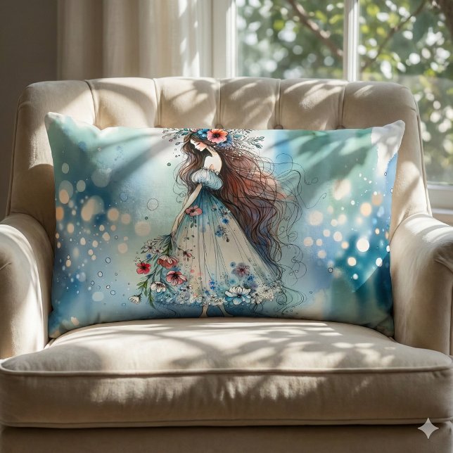 Etherische Bloemenfee in Waterverf Droomlandschap Kussen (Ethereal Flower Fairy in Watercolor Dreamscape Lumbar Pillow Mockup A)