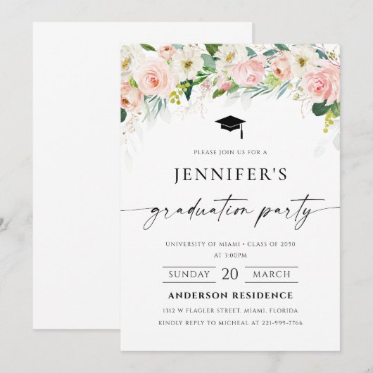 Etherische Blush Pink Roses Afstuderen Invitation Kaart (Voorkant / Achterkant)