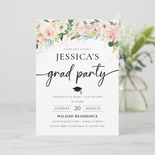 Etherische Blush Pink Roses Afstuderen Invitation Kaart (Staand voorkant)