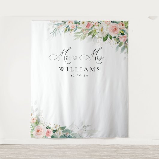 Etherische Blush Roze Rozen Bruiloft Backdrops Wandkleed (Voorkant)