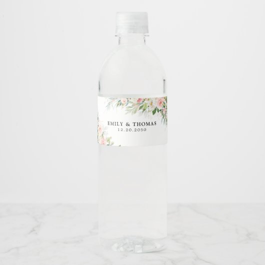 Etherische Blush Roze Rozen Bruiloft Waterfles Etiket (Voorkant)