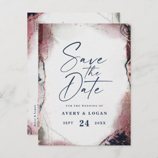 Etherische Bourgogne & Navy Bruiloft Save The Date Aankondigingskaart (Voorkant / Achterkant)