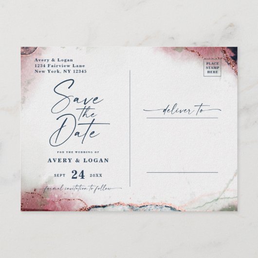 Etherische Bourgogne & Navy Bruiloft Save The Date Aankondigingskaart (Achterkant)