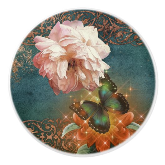 Etherische Butterly Bokeh en pioen Blauwgroen en p Keramische Knop (Voorkant)