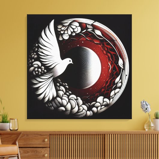 ETHERISCHE DUIF PLANEET – Noir Ink en Rode Mandala Canvas Afdruk (Insitu (Woonkamer))