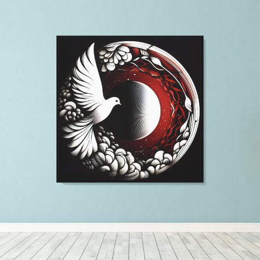 ETHERISCHE DUIF PLANEET – Noir Ink en Rode Mandala Canvas Afdruk (Insitu (Houten vloer))