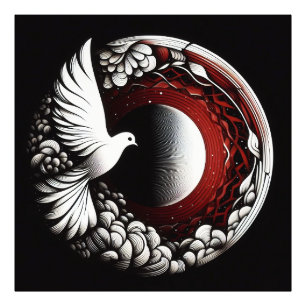 ETHERISCHE DUIF PLANEET – Noir Ink en Rode Mandala Foto Afdruk