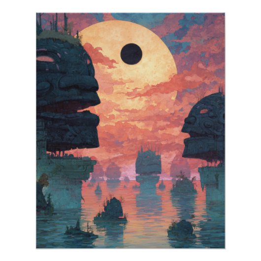 Etherische Eclipse Boven Nevelige Kliffen Perfect Poster (Voorkant)