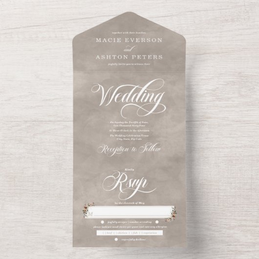 Etherische Elegantie Beige Boho Waterverf Bruiloft All In One Uitnodiging (Binnen)