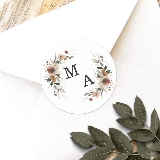 Etherische Elegantie Bloemenkrans Bruiloft Monogra Ronde Sticker