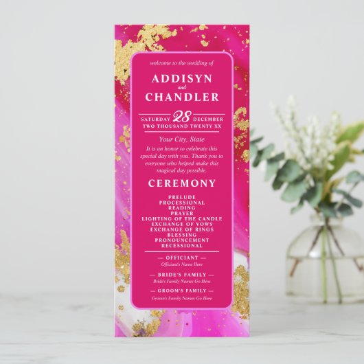 ETHERISCHE ELEGANTIE: Hot Pink Geode-geïnspireerde Programmakaart (Staand voorkant)
