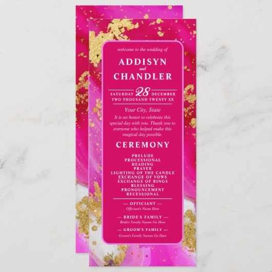 ETHERISCHE ELEGANTIE: Hot Pink Geode-geïnspireerde Programmakaart (Voorkant / Achterkant)