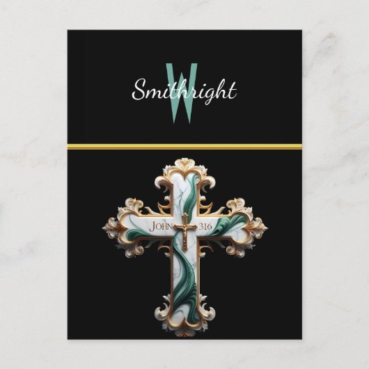 Etherische Elegantie: Wit en Groen Kruis op Zwart Briefkaart (Voorkant)