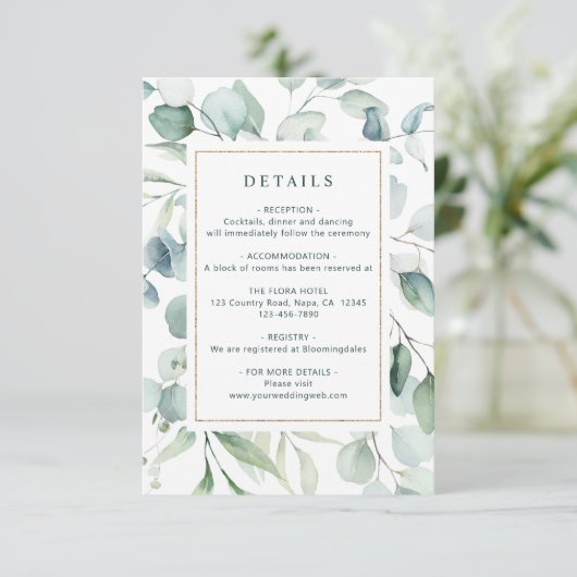 Etherische Eucalyptus Goud Groen Bruiloft Details Informatiekaartje (Staand voorkant)