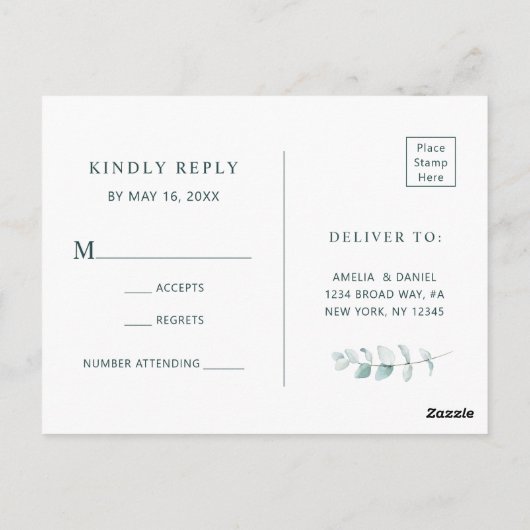 Etherische Eucalyptus Goud Groen Bruiloft RSVP Briefkaart (Achterkant)