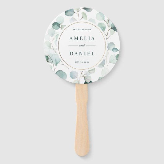 Etherische Eucalyptus Goud Lijst Groen Bruiloft Handwaaier (Voorkant)