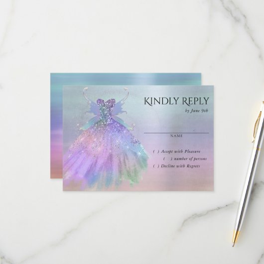 Etherische Fairy Wing Gown | Rainbow Pastel Sheen RSVP Kaartje (Voorkant / Achterkant in situ)